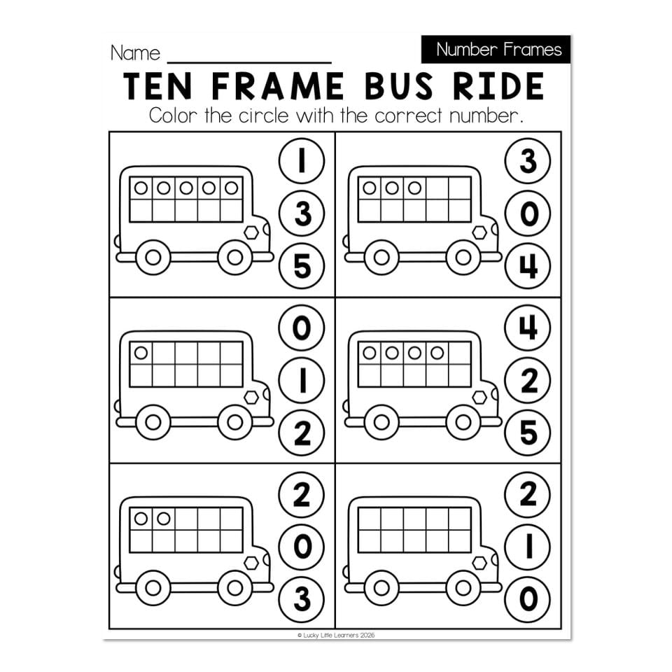 Ten frame bus counting worksheet with six buses