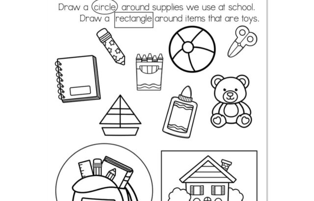 School supply sort worksheet with toys and supplies
