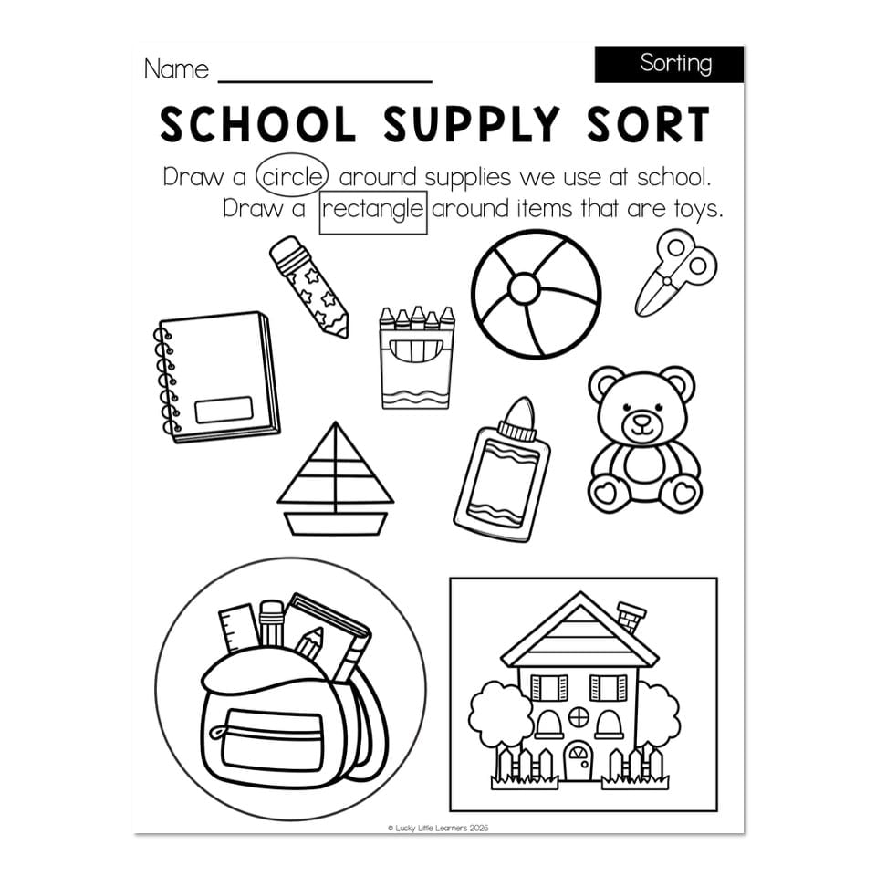 School supply sort worksheet with toys and supplies