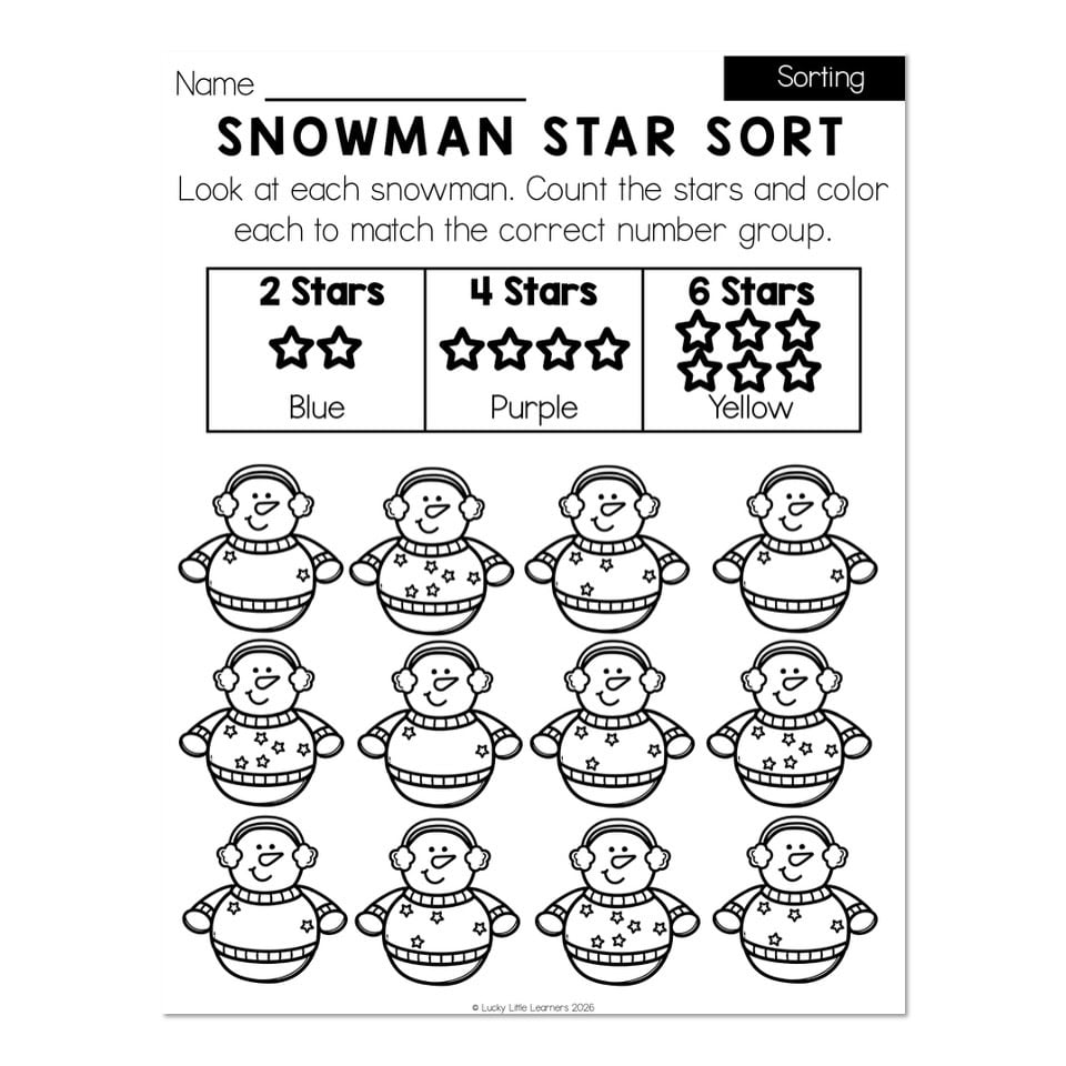 Snowman star sorting worksheet with twelve drawings