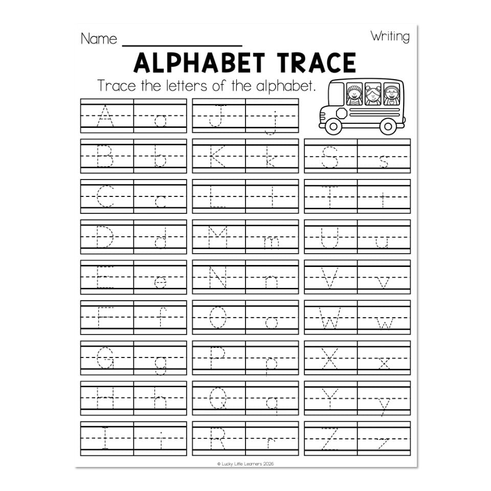 Alphabet tracing worksheet with bus illustration