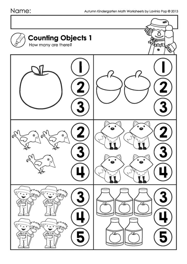 Autumn kindergarten counting worksheet with apples and animals