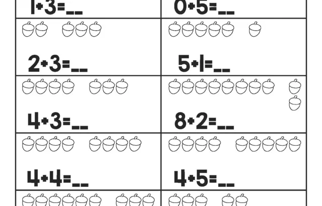 Autumn kindergarten addition worksheet with acorn problems