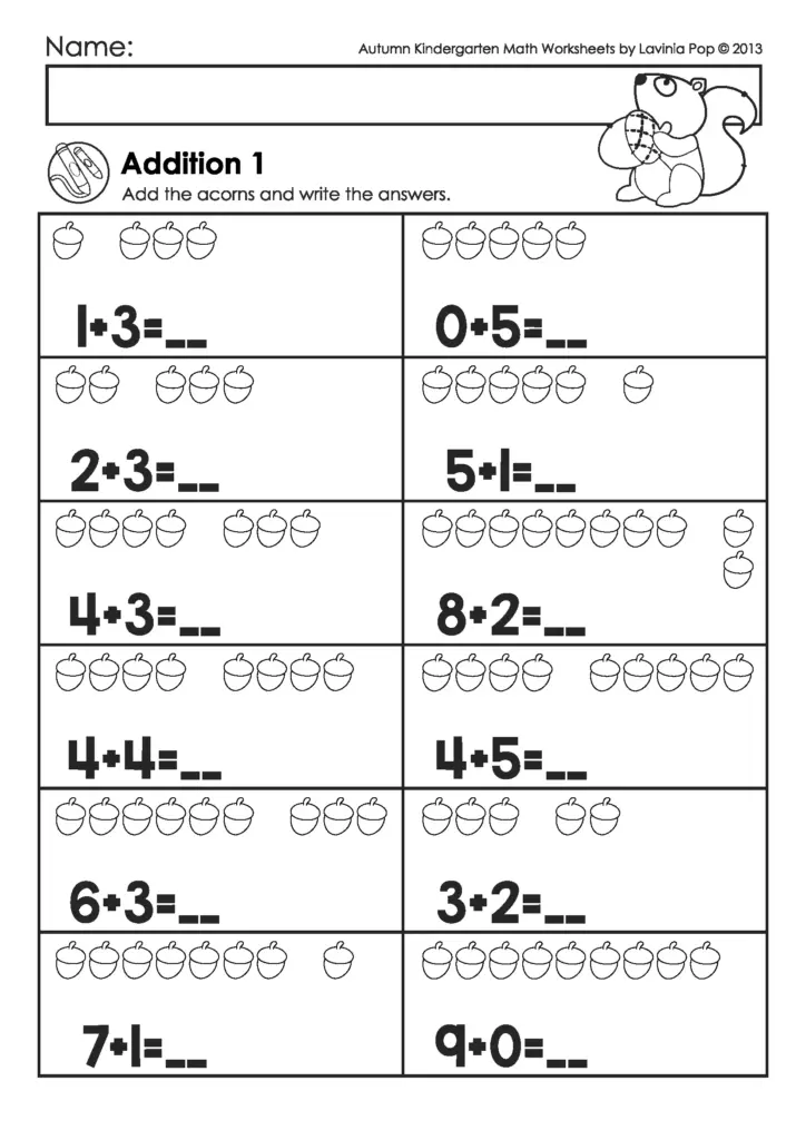 Autumn kindergarten addition worksheet with acorn problems