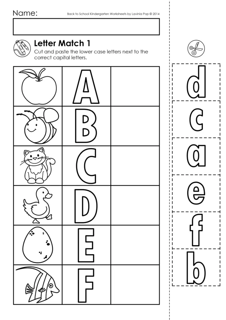 Kindergarten letter match worksheet with pictures and cutouts