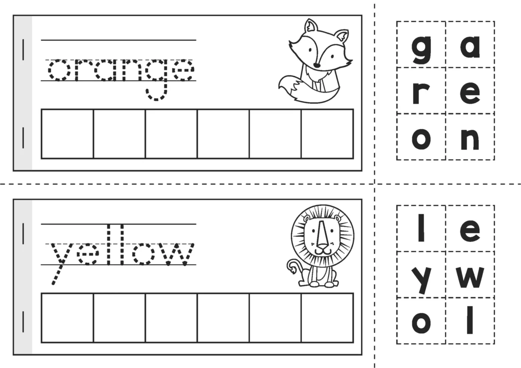 Two tracing worksheets with fox and lion drawings