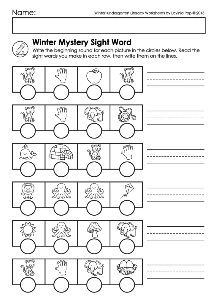Winter kindergarten literacy worksheet with picture rows