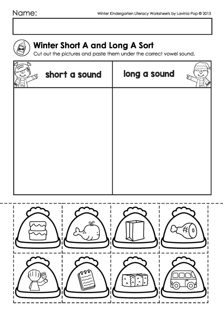 Black-and-white kindergarten worksheet with winter vowel sort and pictures