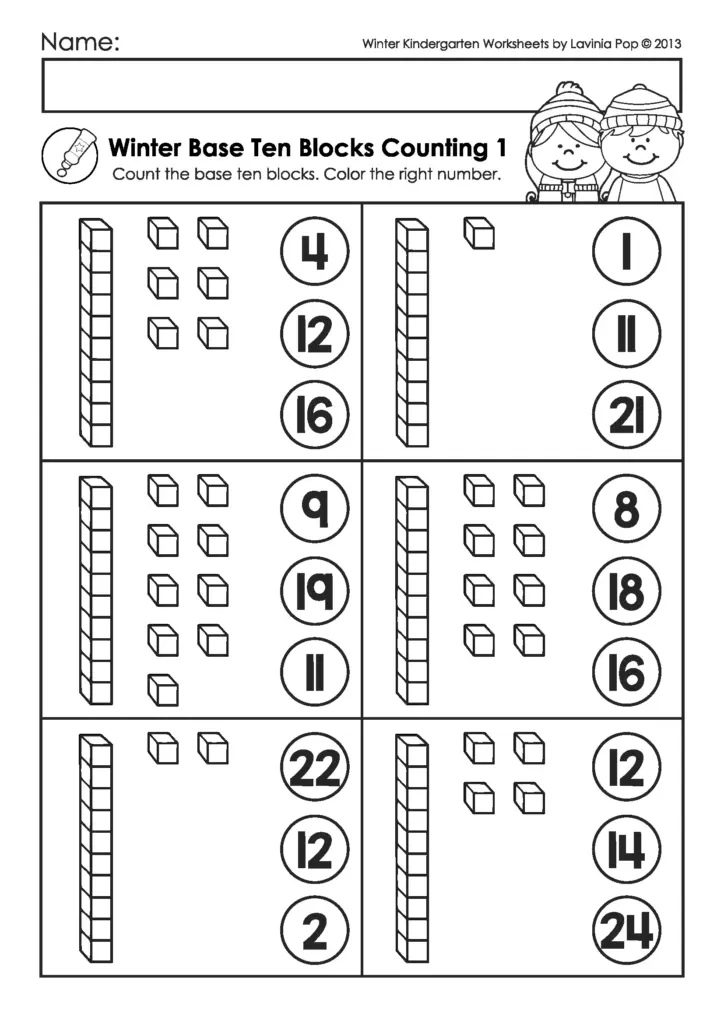 Winter kindergarten counting worksheet with base ten blocks