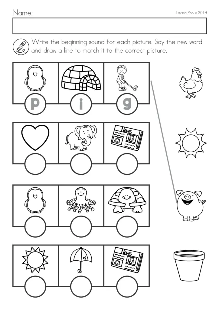 Children's beginning-sound matching worksheet with spring pictures