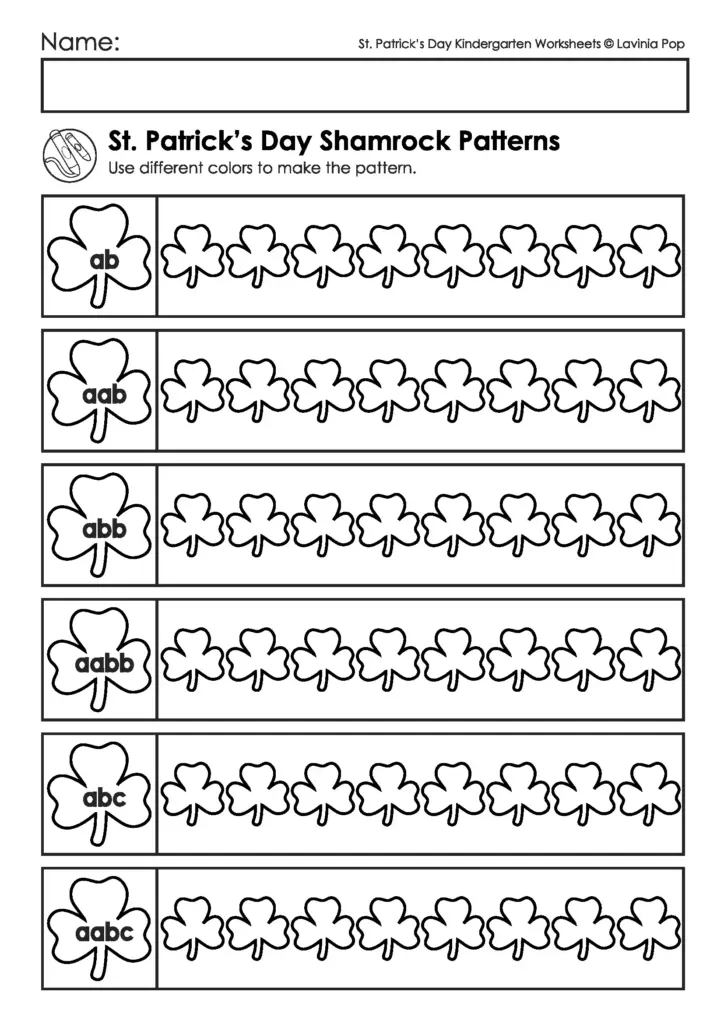 Black-and-white shamrock pattern worksheet with six rows
