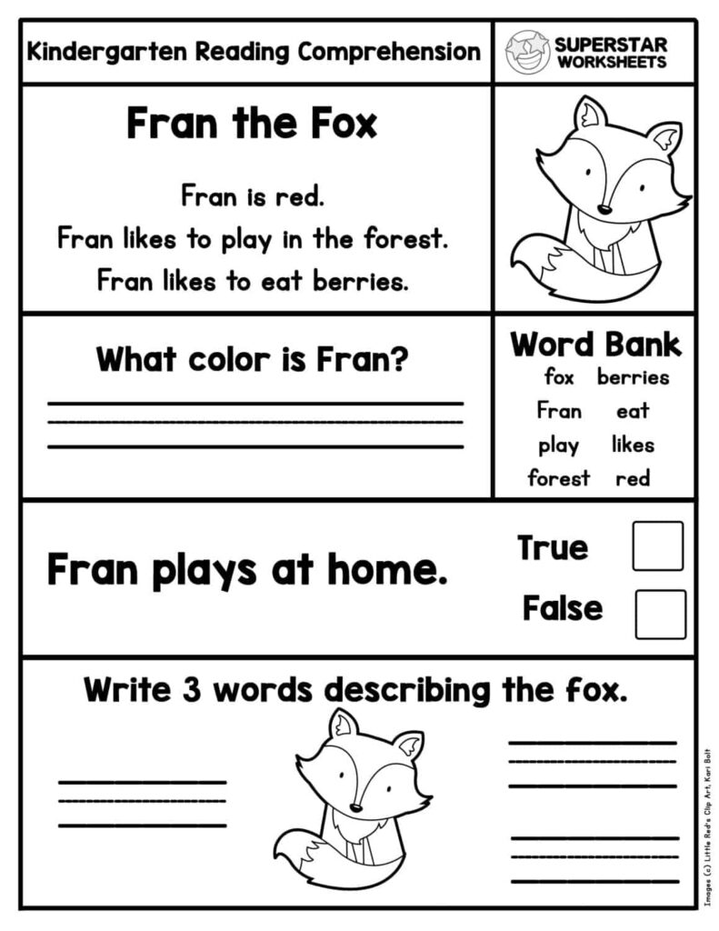 Kindergarten reading worksheet with fox illustration and questions