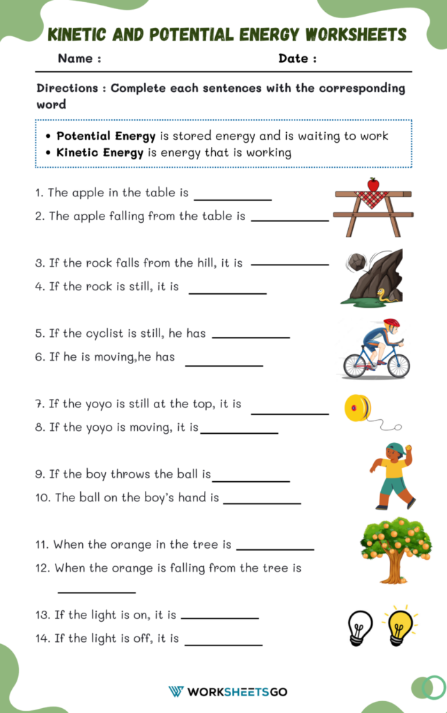 Energy worksheet with pictures and fill-in blanks