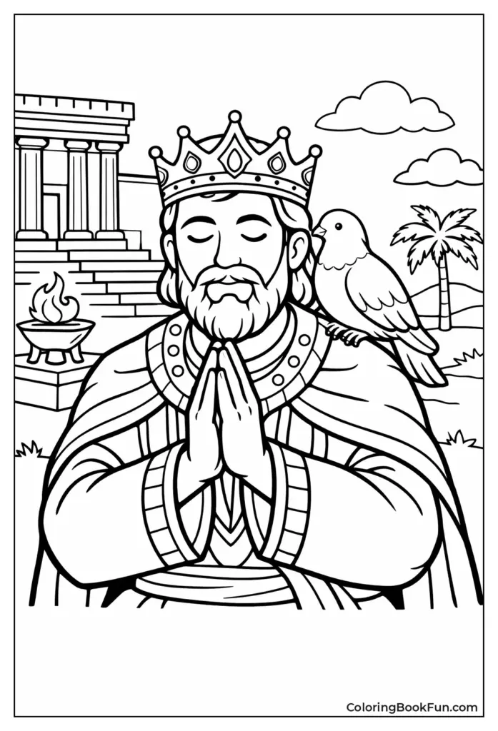 Coloring page of crowned king with bird