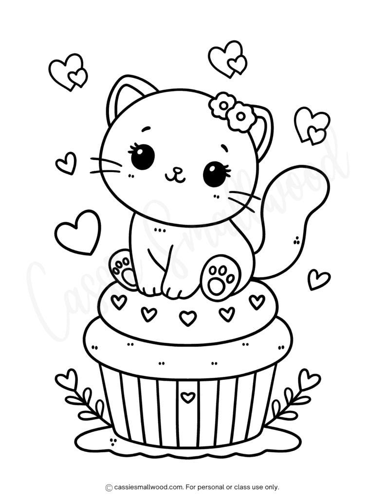 Cute kitten sitting on a heart-decorated cupcake drawing