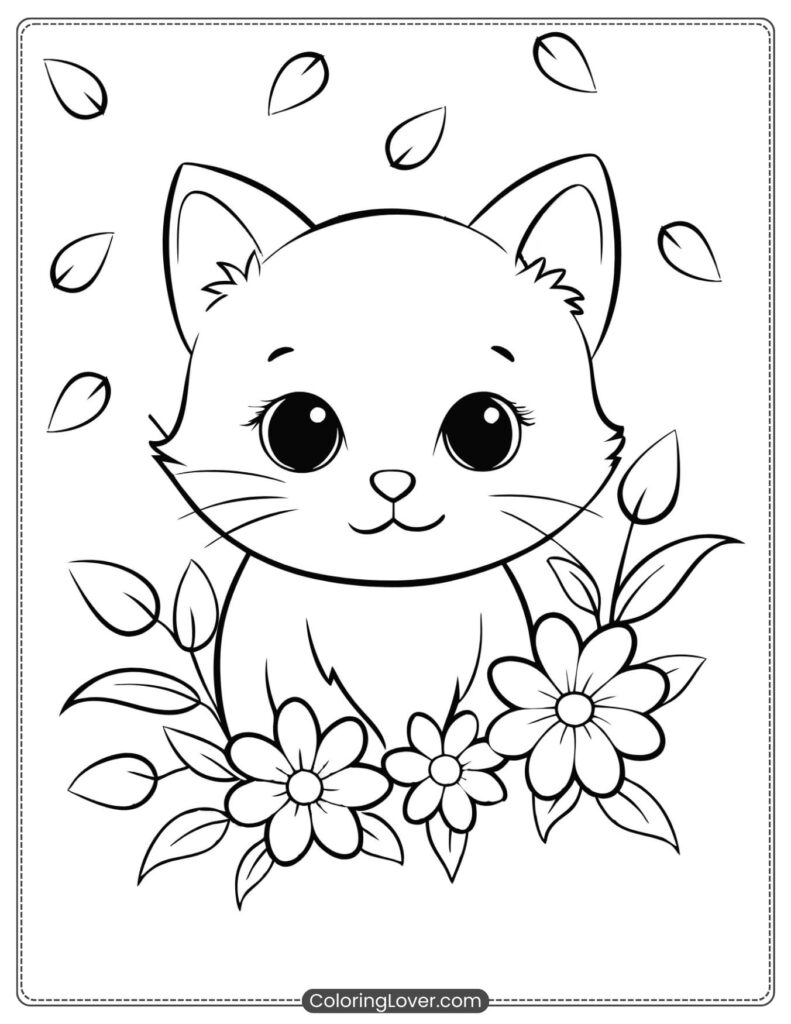 Cute kitten coloring page with flowers and leaves