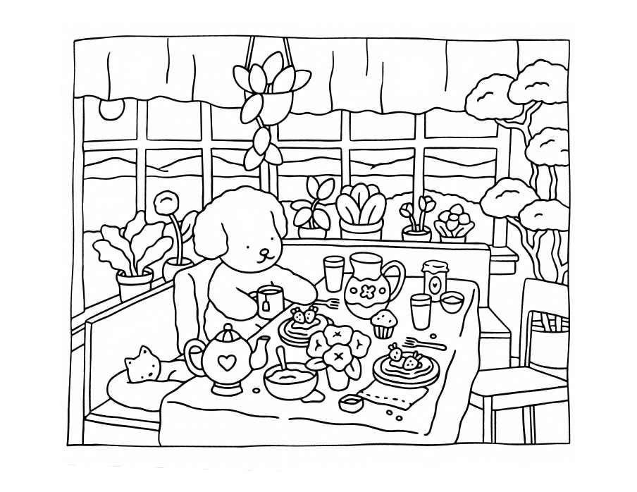 Cartoon dog having tea at a table indoors