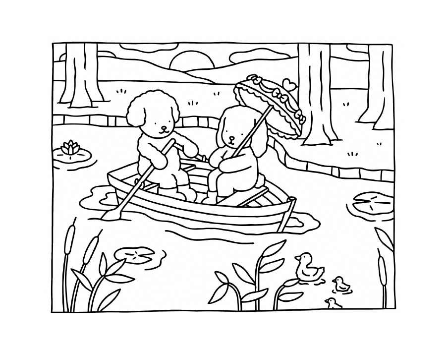 Two dogs rowing a boat on a pond
