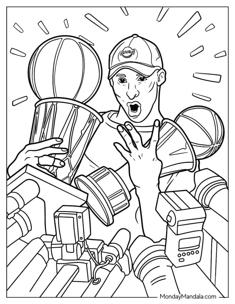 Basketball player holding trophy, cameras, and basketballs in line art