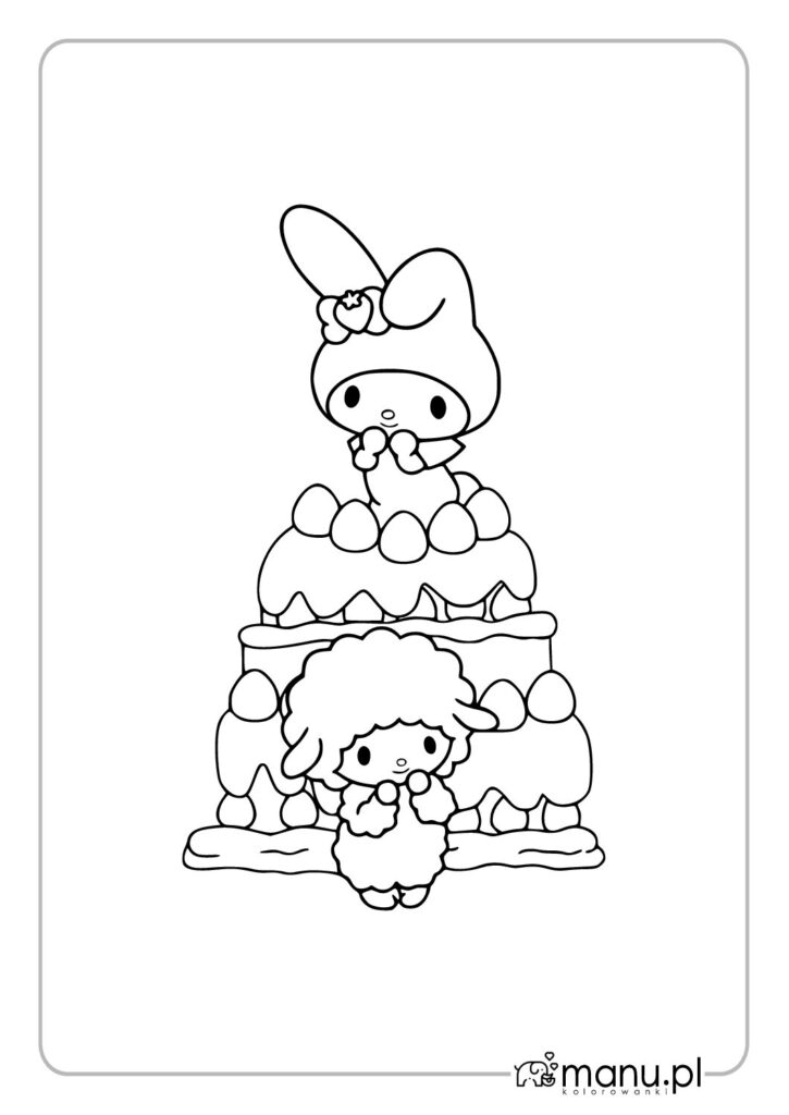 Cute cartoon characters stacked on layered cake line art