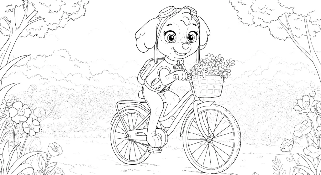 Cartoon puppy riding bicycle with flower basket in meadow
