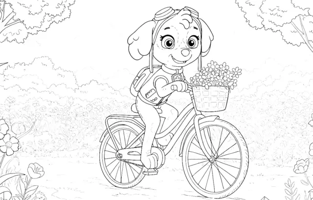 Cartoon puppy riding bicycle with flower basket in meadow