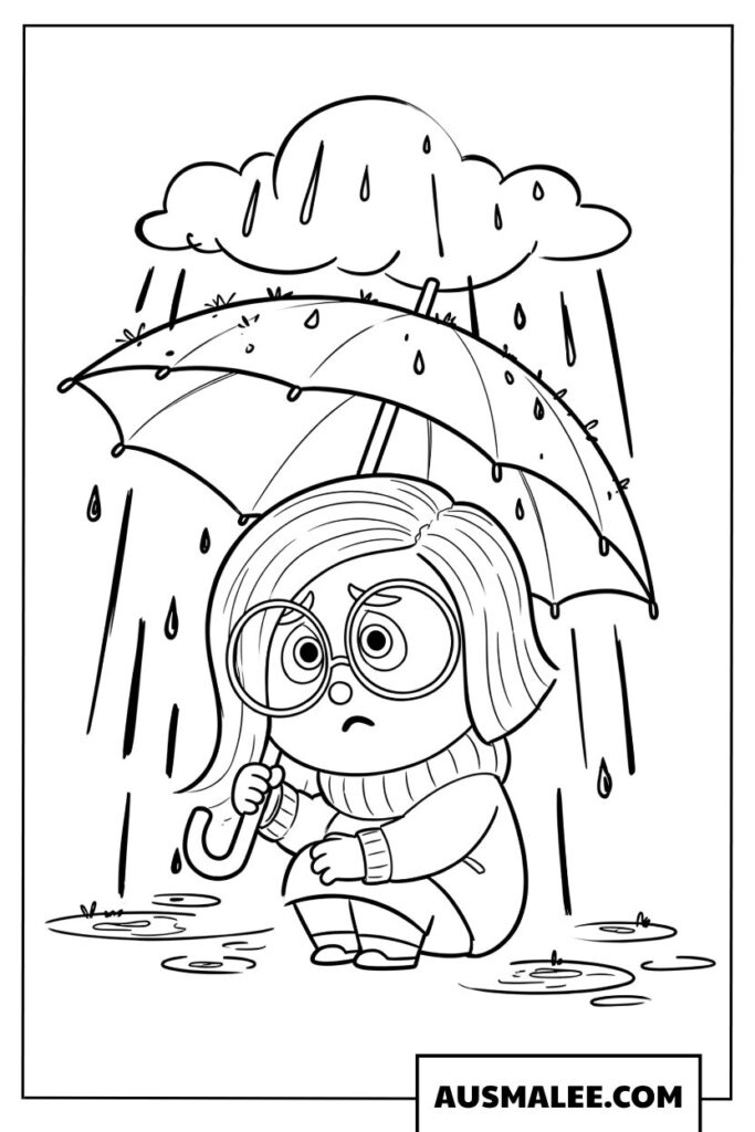 Sad cartoon girl crouching under umbrella in rain