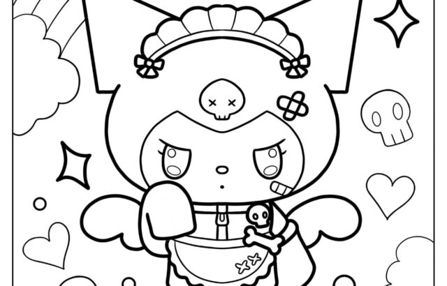 Kuromi-style cartoon character standing on a cloud, with rainbows