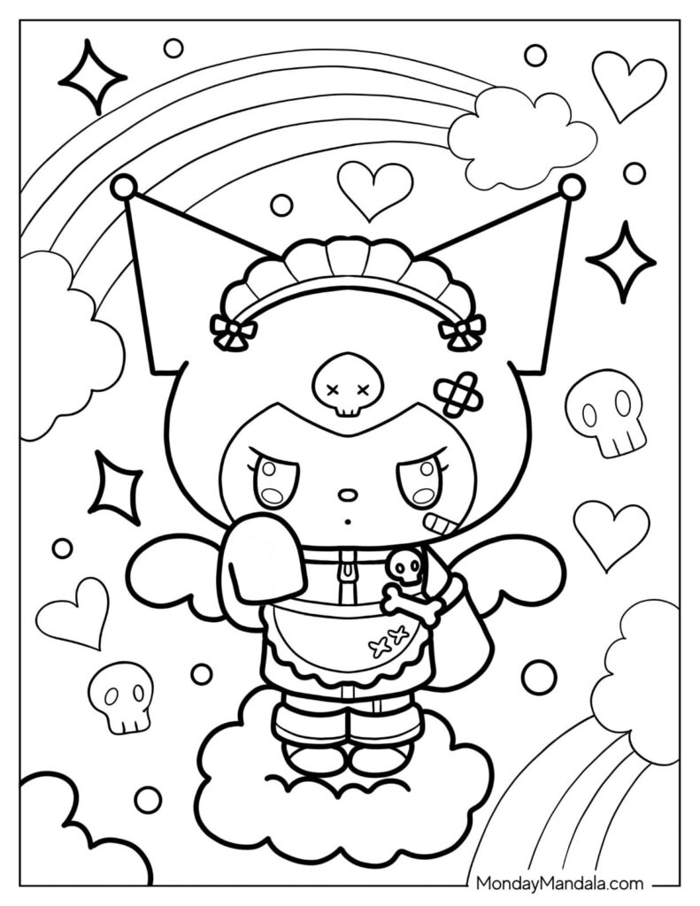 Kuromi-style cartoon character standing on a cloud, with rainbows