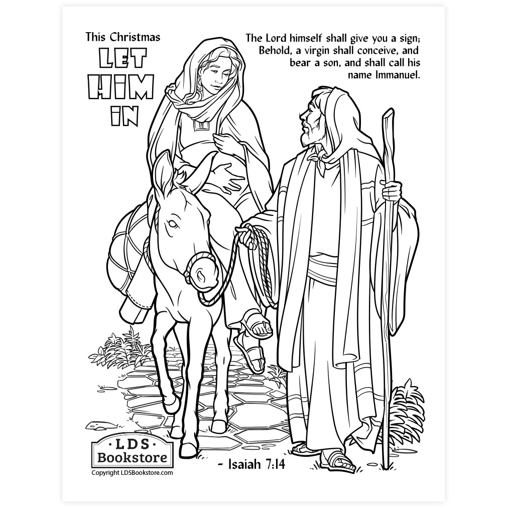 Black-and-white Christmas coloring page with Mary, Joseph, and donkey