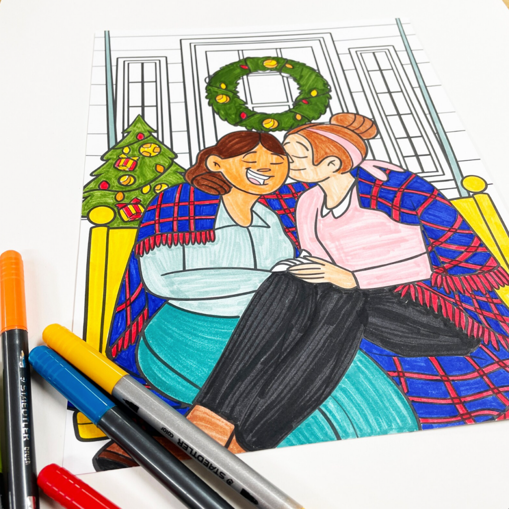Colored drawing of two women cuddling on a porch