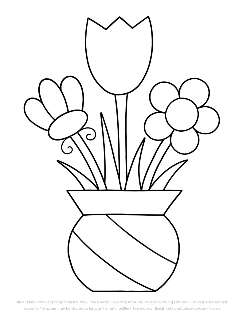 Simple line drawing of flowers in a vase, coloring page