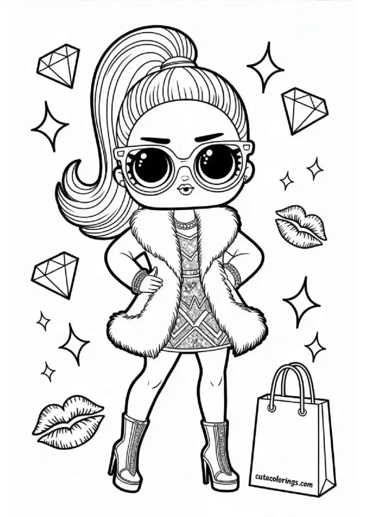 Cartoon doll with sunglasses, fur vest, and shopping bag