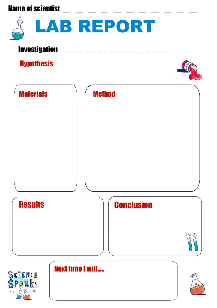 Blank lab report worksheet with labeled sections and science icons