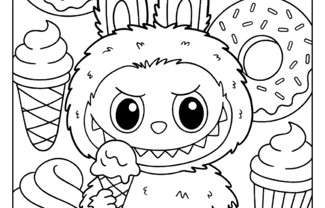 Cartoon bunny holding ice cream amid donuts and cupcakes