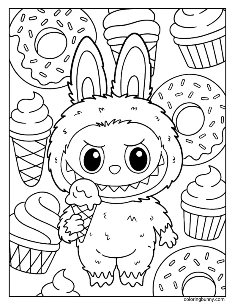 Cartoon bunny holding ice cream amid donuts and cupcakes