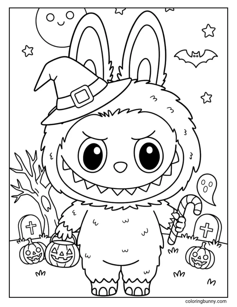 Cute bunny in witch hat with pumpkins and bats