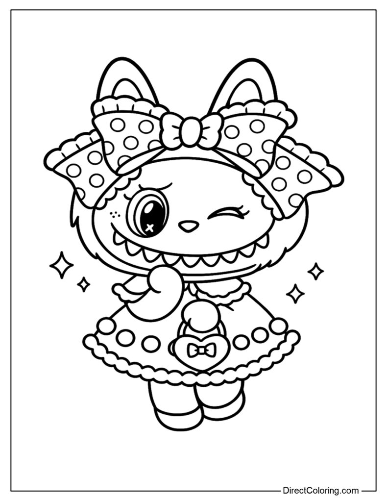 Cute cartoon cat in polka-dot dress, winking