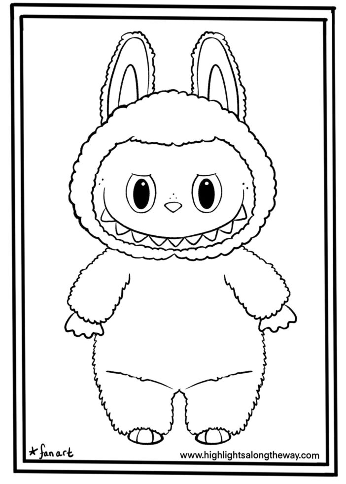 Black-and-white cartoon bunny costume character coloring page