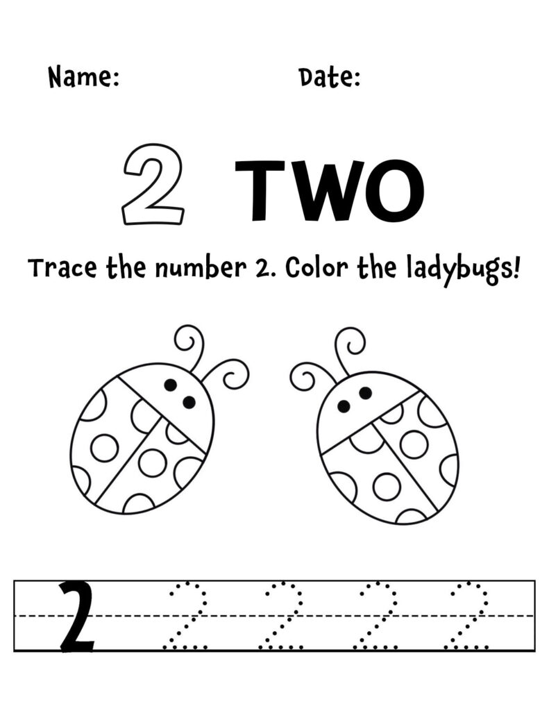 Number two tracing worksheet with ladybugs and dotted twos