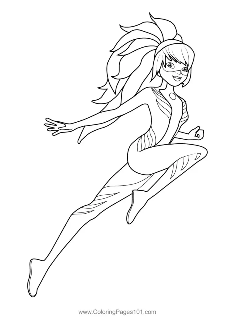 Black-and-white line drawing of a flying masked girl