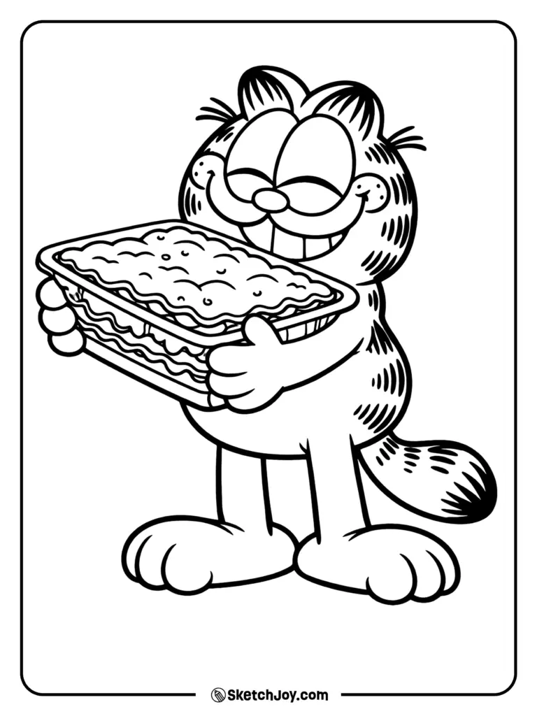 Cartoon cat holding a rectangular lasagna pan