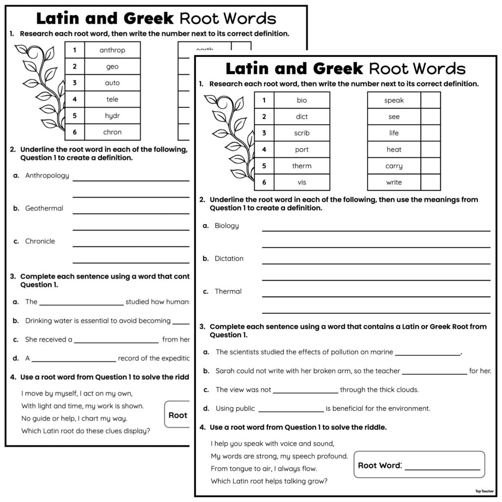 Two Latin and Greek root words worksheets side by side