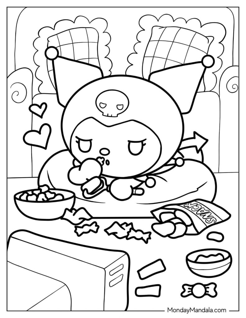 Kuromi-style cartoon character on couch with snacks
