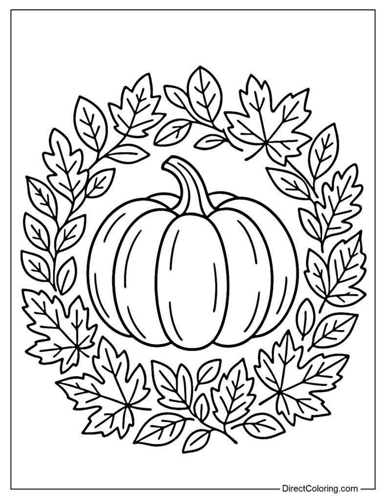 Pumpkin surrounded by autumn leaves wreath outline