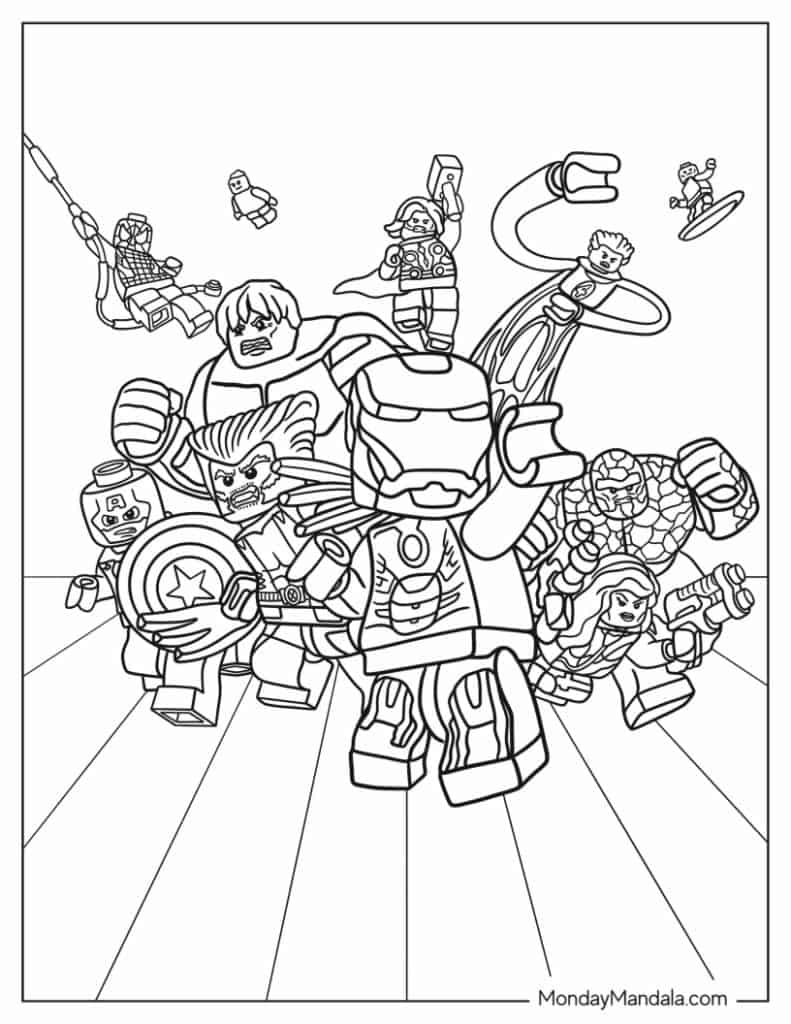 Black-and-white LEGO-style superhero characters on a page