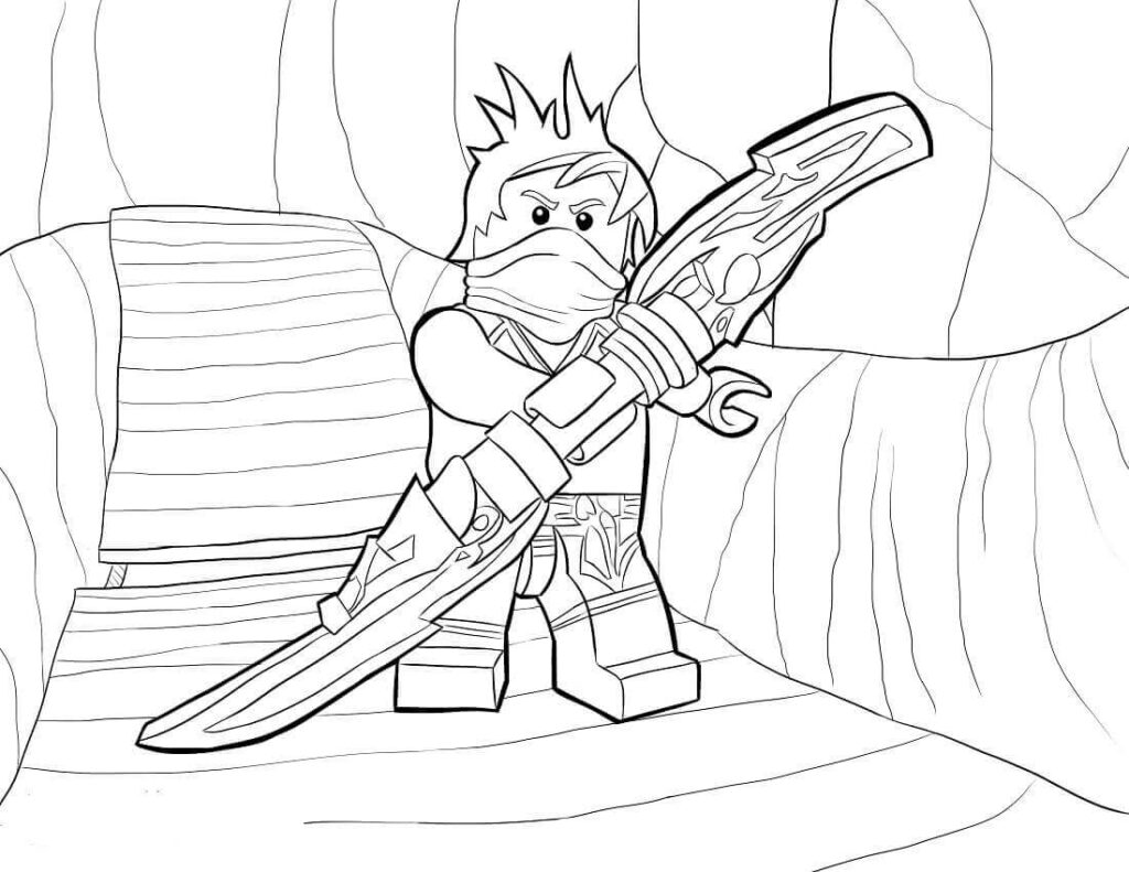 Cartoon ninja holding a large sword in cave