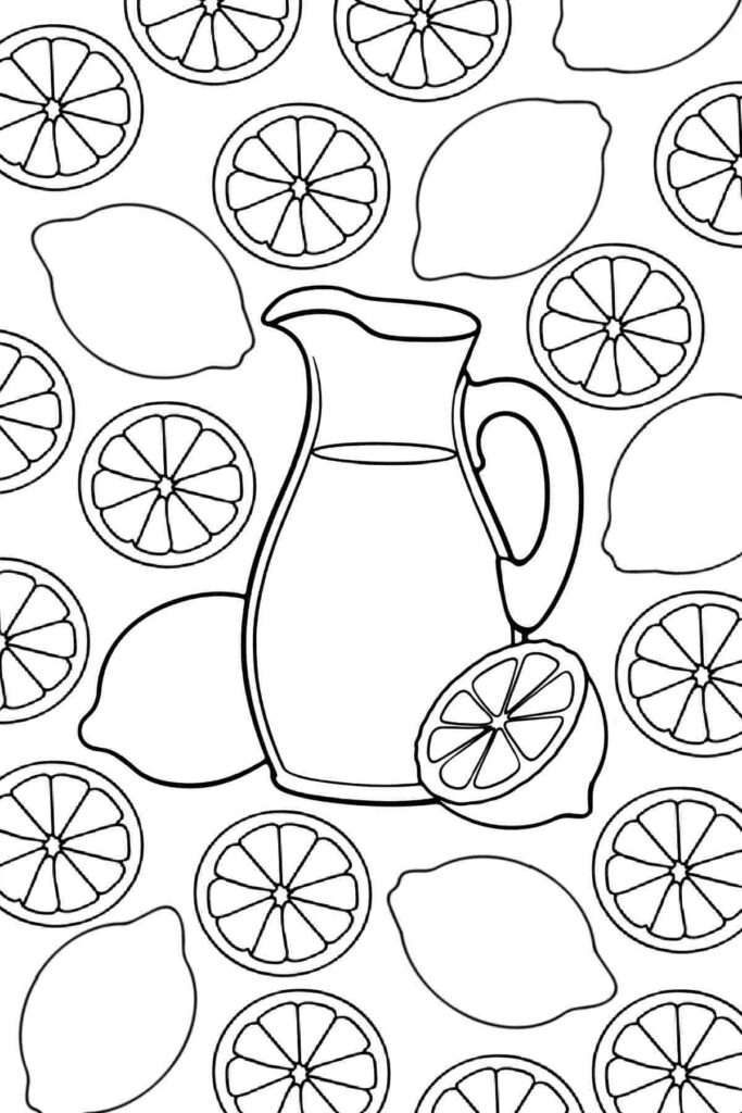 Lemon pitcher surrounded by sliced lemons line drawing