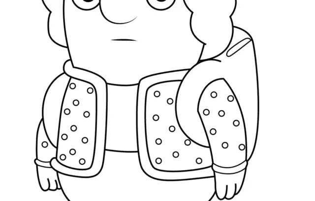 Cartoon character coloring page with dotted jacket and curly hair