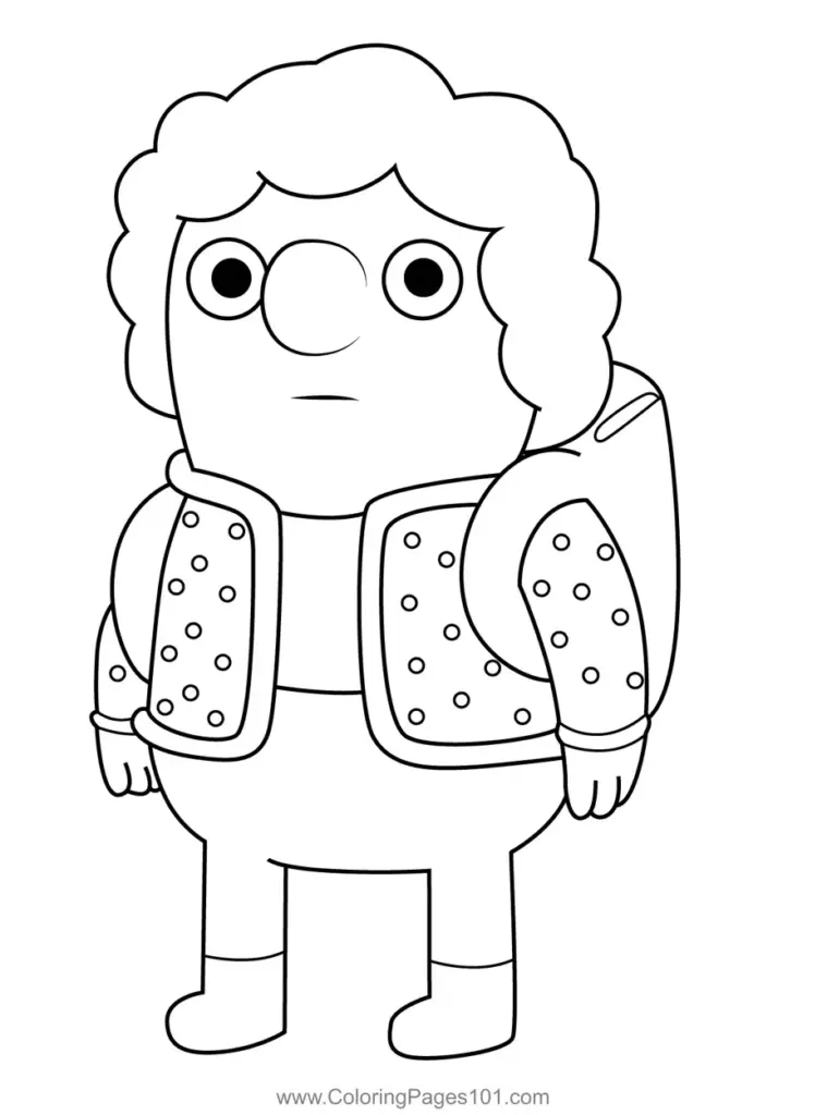 Cartoon character coloring page with dotted jacket and curly hair
